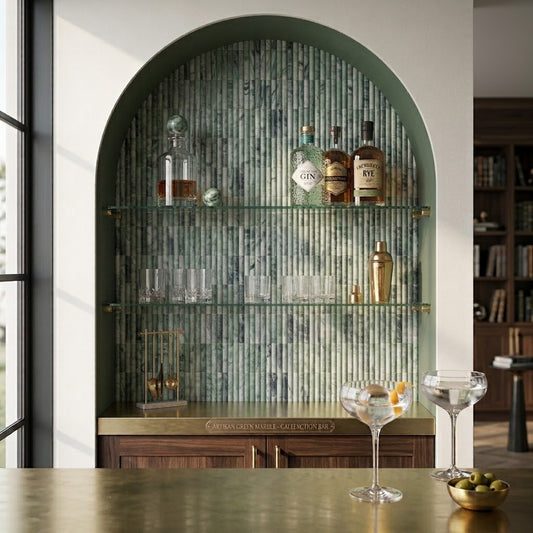 ljusgrön marmormosaik i baren med ark