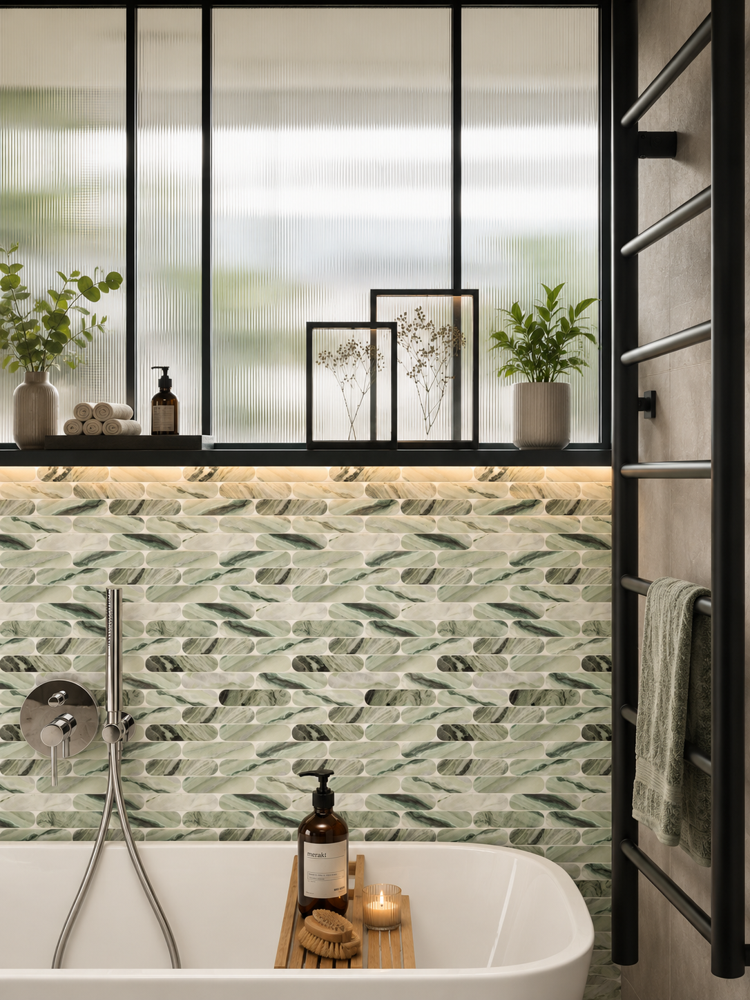 ljusgrön marmor mosaik i badrum