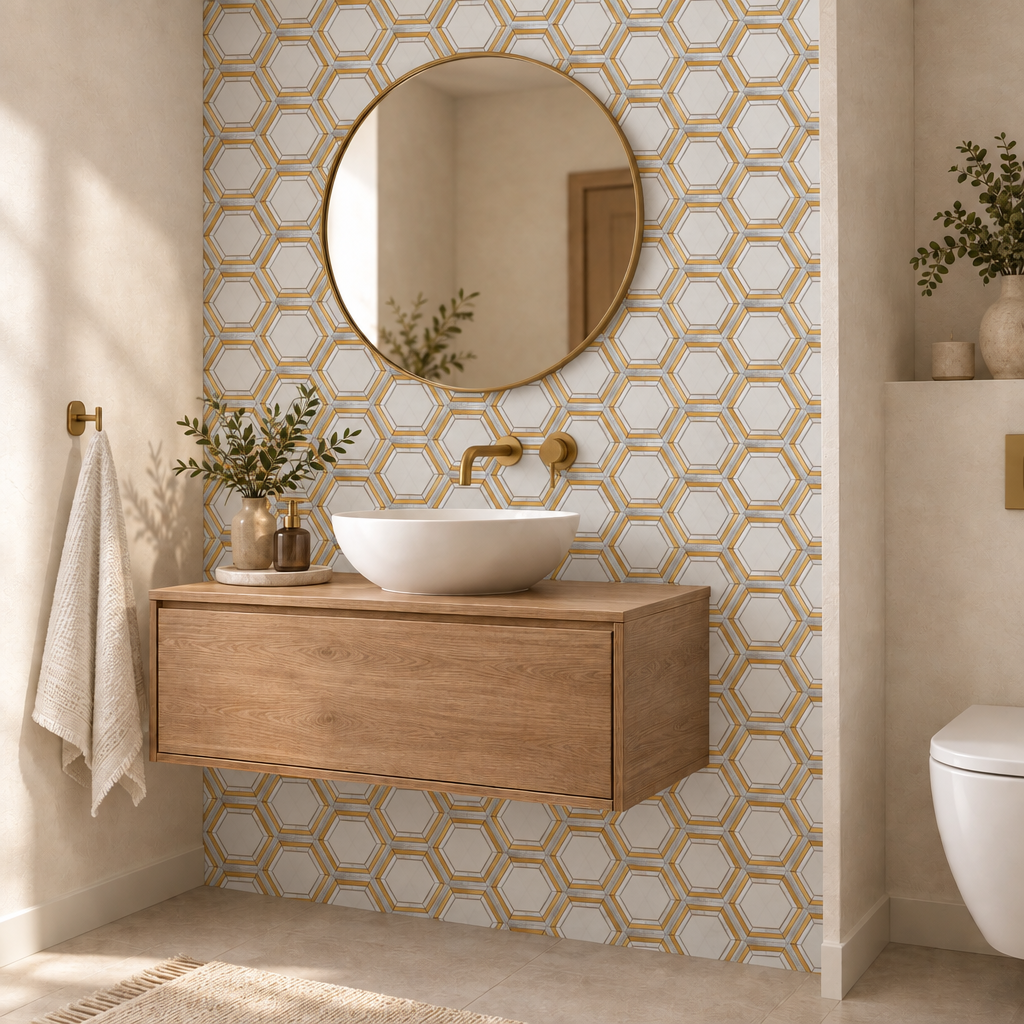 Badrum med mindre mosaikmönster på fondvägg