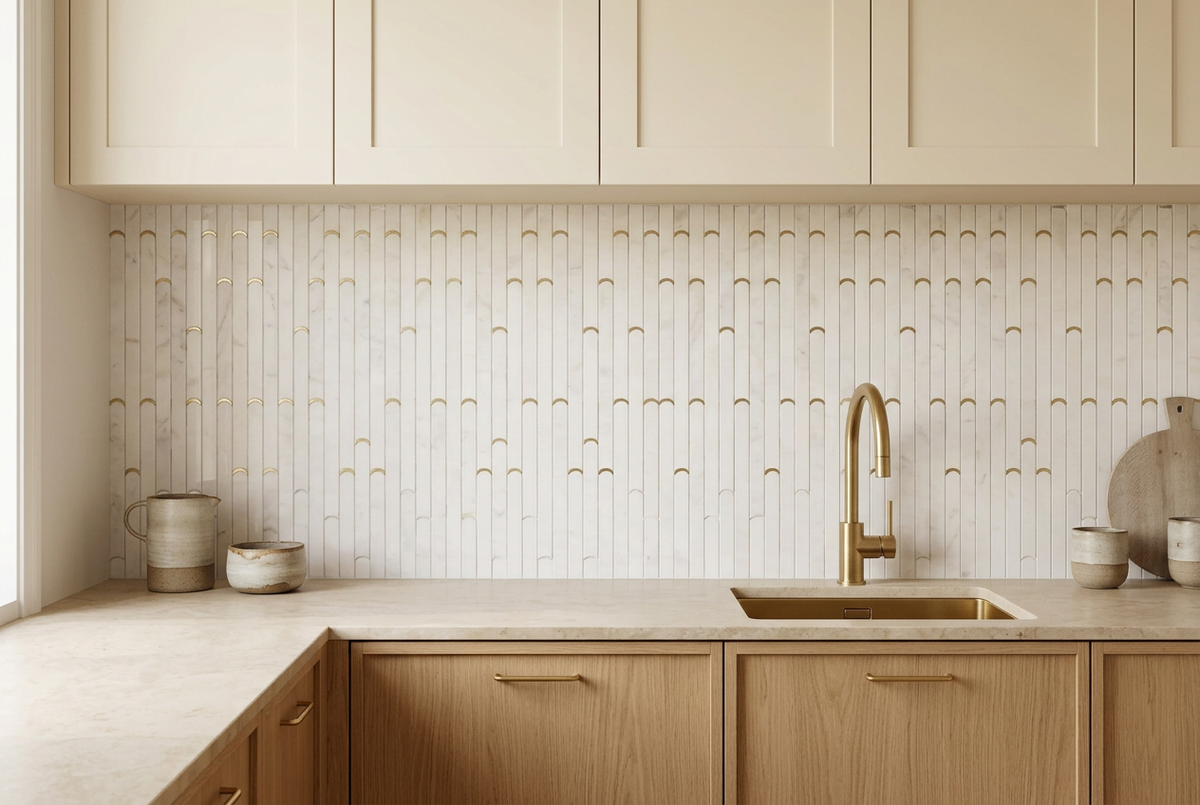 Köksvisualisering med vit Bamboo-mosaik som stänkskydd