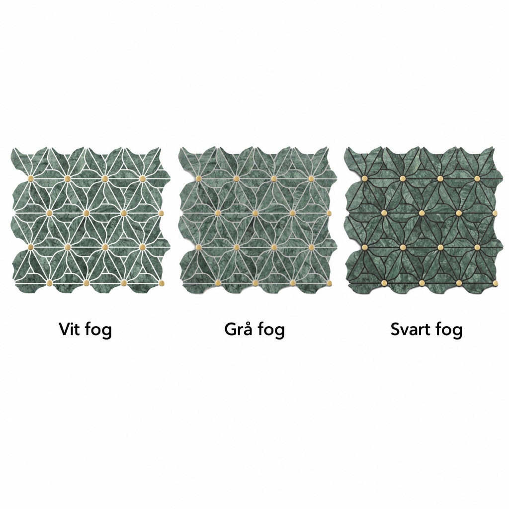 Tre kvadratiska mosaikbilder med vit, grå och svart fog