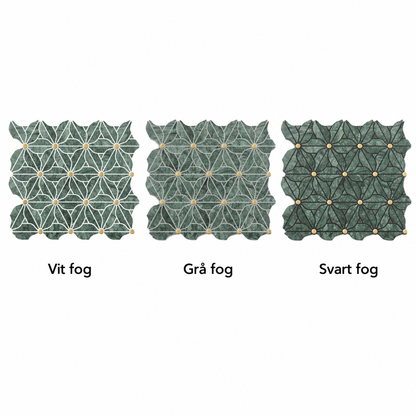 Tre kvadratiska mosaikbilder med vit, grå och svart fog